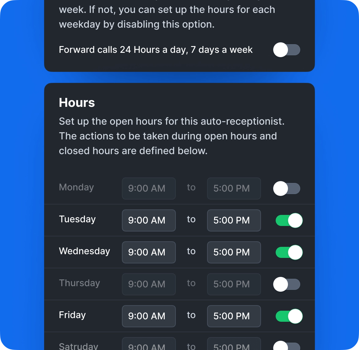 Custom business hours